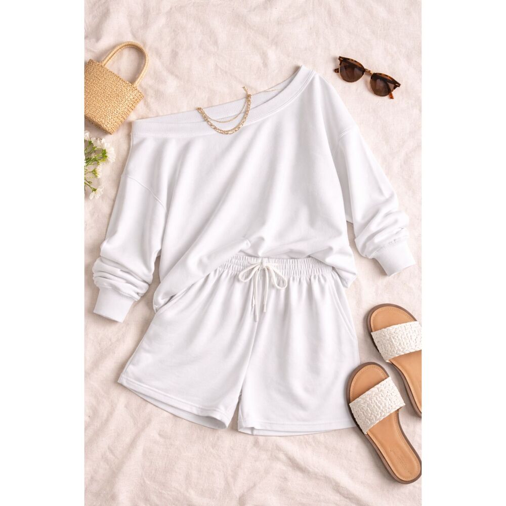 White Lounge Set XL Off Shoulder Top & Shorts Cozy Soft Matching Set Athleisure